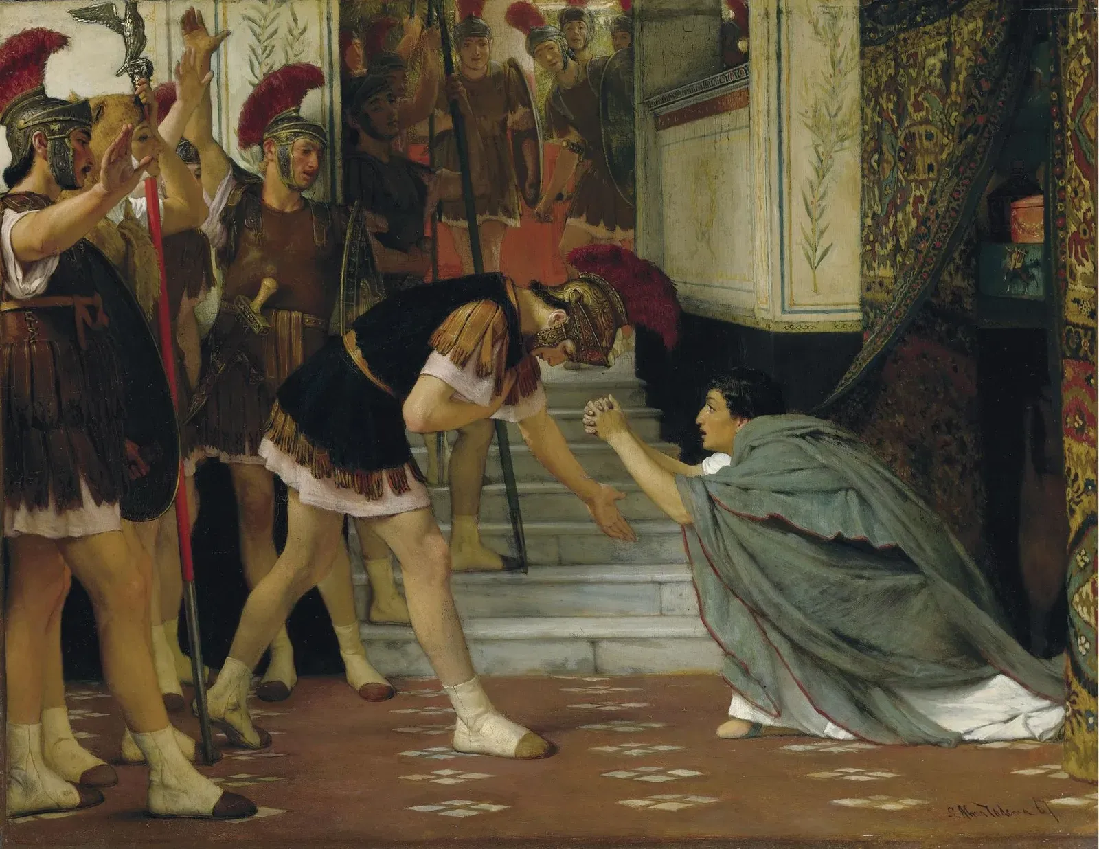 painting of a praetorian soldier discovering claudius hidden behind a curtain in the palace