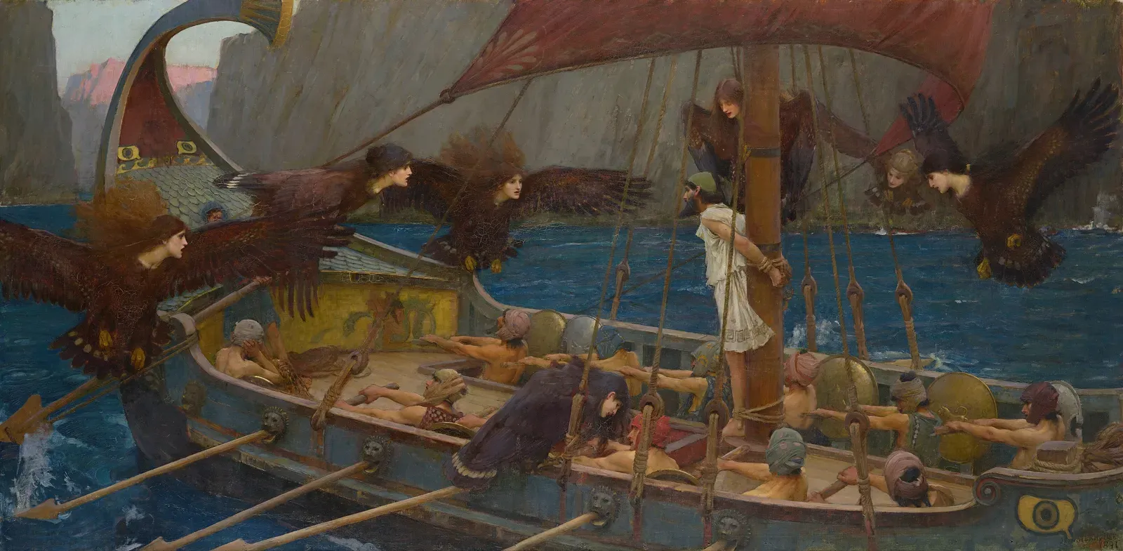 odysseus, bound to the mast, resists the sirens' song as they surround his ship. john william waterhouse, 1891.